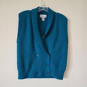 LAUREN COLE Teal Double-Breasted Women Sweater Vest Size Small Wool Blend Vtg